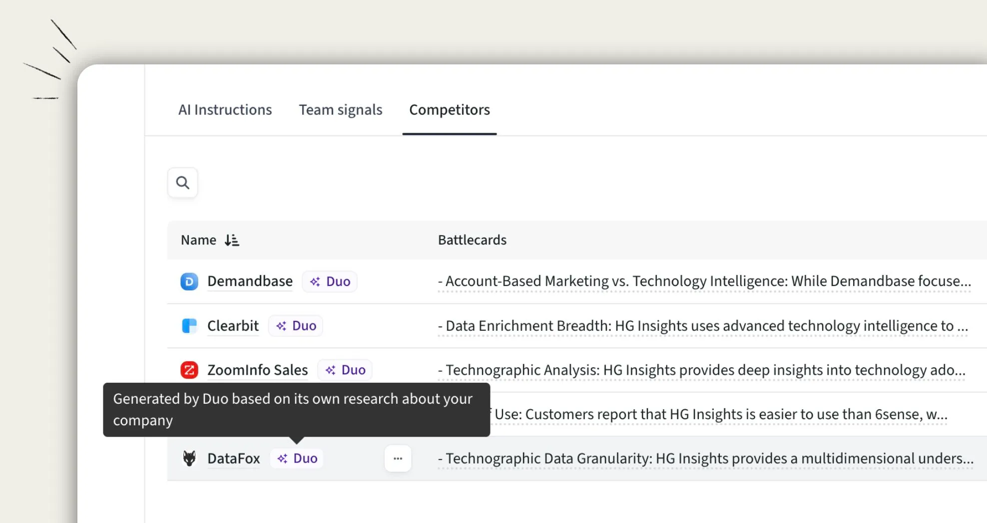 Duo Copilot's LLM-based auto-setup of competitors.